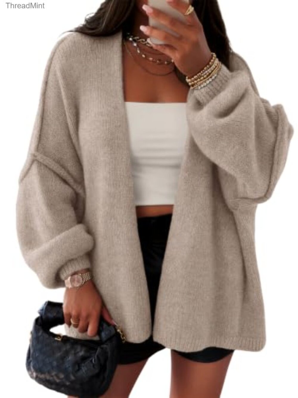 Oversized Lantern Sleeve Open Front Cardigan Lightweight Knit Sweater